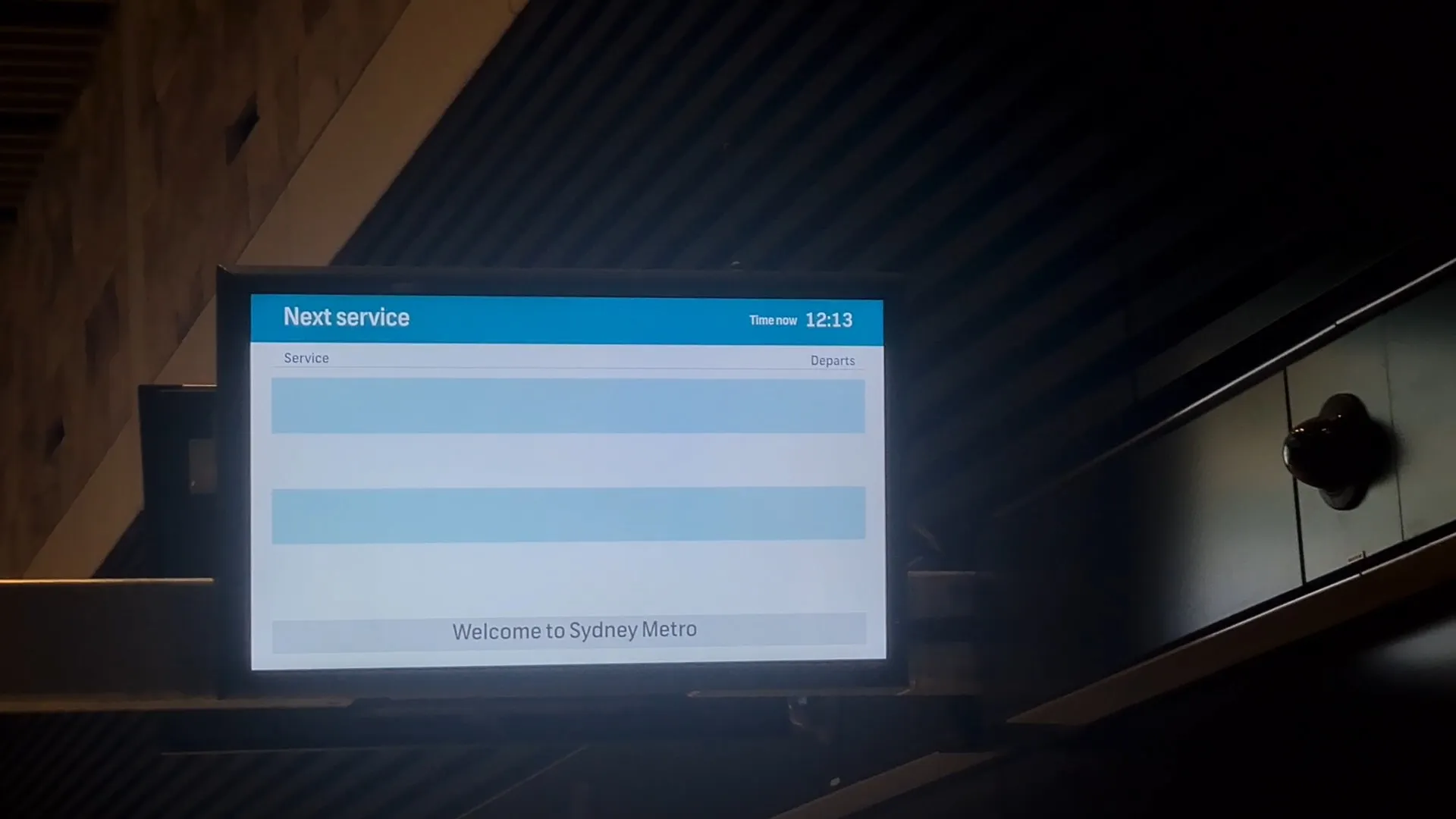 A PID, showing no active services, and a message on the bottom saying "Welcome to Sydney Metro".